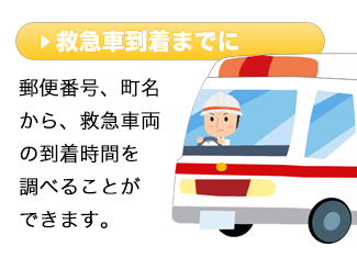 郵便番号、町名から、救急車両の到着時間を調べることができます。